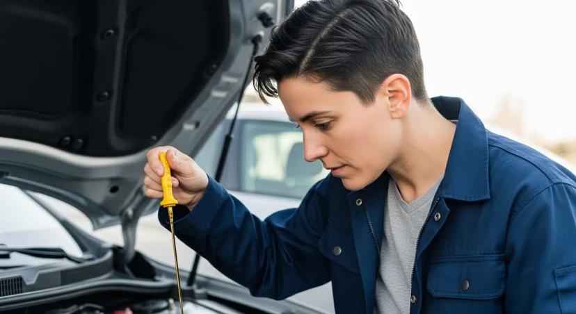 seseorang memperhatikan dipstick oli