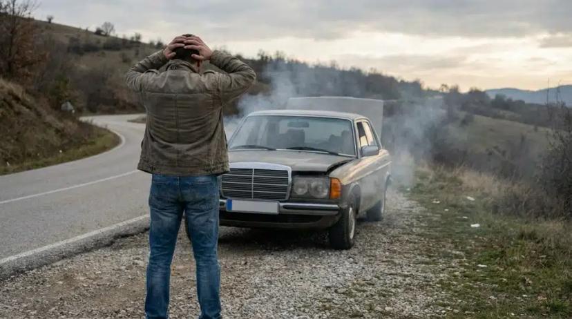 seseorang memperhatikan mobilnya yang mogok