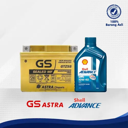 Paket Bundling Aki Motor GS ASTRA GOLD GTZ5S MF dan Oli Motor Shell Advance AX7 SC 10W40 0.8L Beat Vario Scoopy Mio Fino