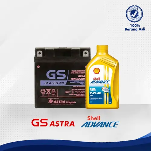 Paket Bundling Aki Motor GS ASTRA GM5Z-3B MF dan Oli Motor Shell Advance AX5 15W40 1.0L untuk motor Supra Fit, Jupiter, Vega
