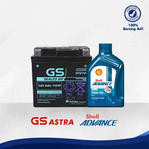 Paket Bundling Aki Motor GS ASTRA GTZ5S MF dan Oli Motor Shell Advance AX7 SC 10W40 0.8L Beat Vario Scoopy Mio Fino