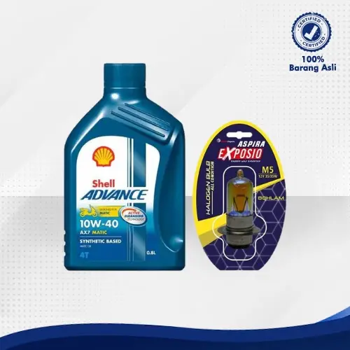 Paket Shell Advance AX7SC 10W40 0.8 L dan Bohlam Halogen Aspira Exposio untuk motor Vario, Beat dan Mio