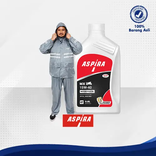 Bundling Jas Hujan GREY size L Premium Aspira ASTRA Original dan Oli Motor Bebek Cub Non Matic 15W-40 Aspira Oil 0,8L