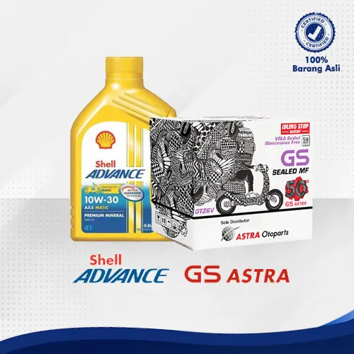Paket Bundling Aki Motor GS ASTRA GSMF-GTZ-6V dan Oli Motor Shell Advance AX5 SC 10W30 0.8L PCX Vario 125/150/160 ADV