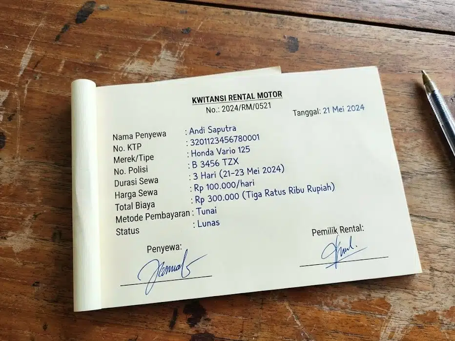 Contoh Kwitansi Rental Motor (Sewa): Template Kwitansi Kosong Nota ...
